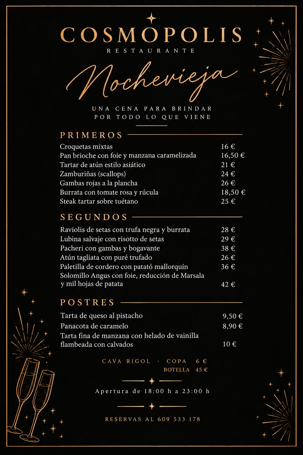 Menú de Nochevieja de Cosmopolis Santa Catalina en Palma con primeros, segundos y postres